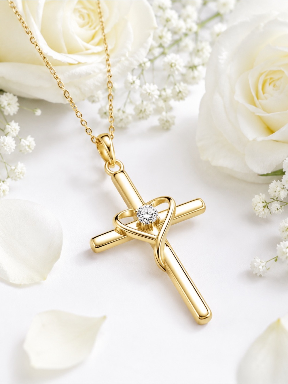 Gold Cross Pendant Necklace with Heart Accent - Women Jewelry